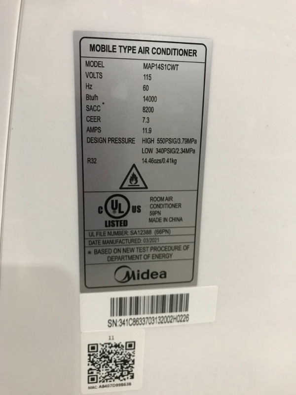 Photo 6 of *MISSING end pieces that attach to hose* 
MIDEA 3-in-1 Portable Air Conditioner, Dehumidifier, Fan, for Rooms up to 375 sq ft Enabled, 14,000 BTU DOE (8,200 BTU SACC) Control with Remote, Smartphone or Alexa
