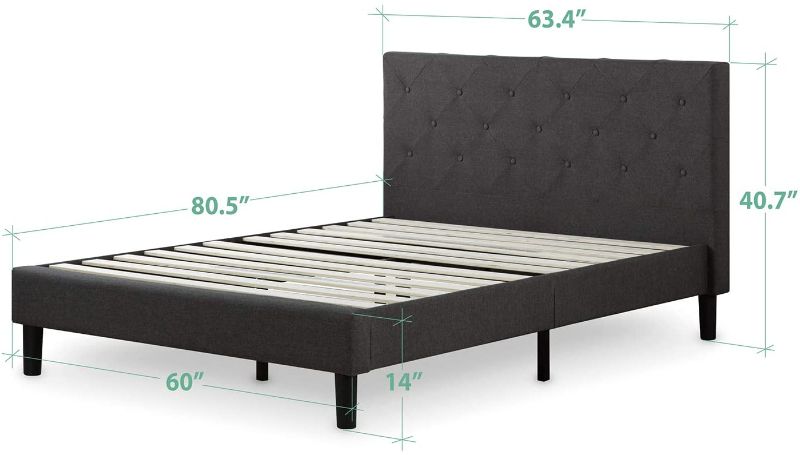 Photo 1 of *SEE last picture for damage*
*other item in COMPARMENT on back of HB* 
Zinus Shalini Upholstered Diamond Stitched Platform Bed / QUEEN, Dark Grey