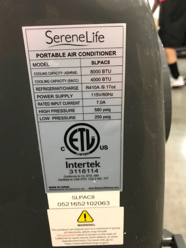 Photo 5 of *USED*
*MISSING remote*
Portable Electric Air Conditioner Unit - 900W 8000 BTU Power Plug In AC Cold Indoor Room Conditioning System w/ Cooler, Dehumidifier, Fan, Exhaust Hose, Window Seal, Wheels, Remote - SereneLife SLPAC8
