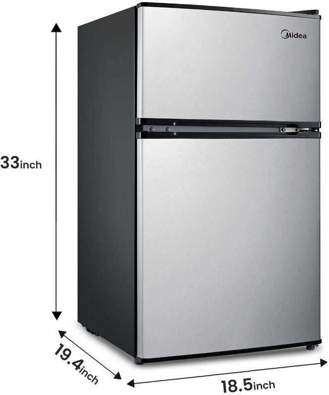 Photo 1 of *USED, NEEDS cleaning*
*SEE last picture for damage*
Midea 3.1 Cu. Ft. Compact Refrigerator, WHD-113FSS1 - Stainless Steel
