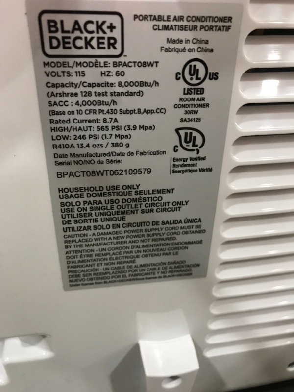 Photo 6 of *MISSING drain hose*
BLACK+DECKER BPACT08WT Portable Air Conditioner with Remote Control, 5,000 BTU DOE (8,000 BTU ASHRAE), Cools Up to 150 Square Feet, White
