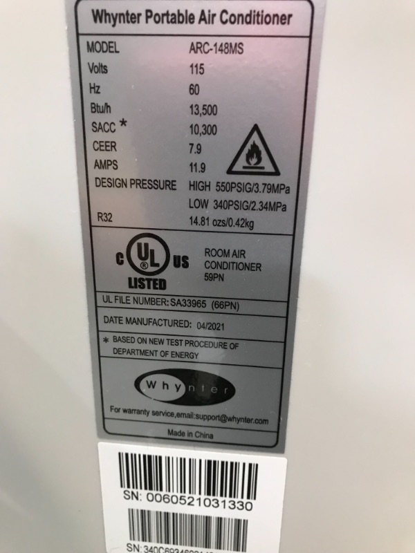 Photo 5 of *MISSING remote and manual* 
Whynter ARC-148MS 14,000 BTU Portable Air Conditioner, Dehumidifier, Fan with Activated Carbon SilverShield Filter for Rooms up to 450 sq ft, Multi
