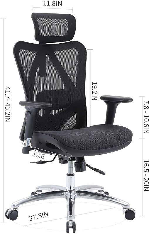 Photo 1 of *USED*
*MISSING hardware and manual* 
SIHOO Ergonomic Adjustable Office Chair with 3D Arm Rests and Lumbar Support - High Back with Breathable Mesh - Mesh Seat Cushion - Adjustable Head & Reclines(Black)
