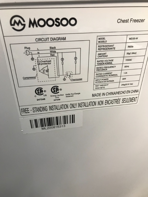 Photo 6 of *SEE last pictures for damage*
MOOSOO Chest Freezer, 3.5 Cubic Feet Deep Freezer with Removable Storage Basket, 5 Gears Temperature Control Compact Fridge, Energy Saving & Ultra Quiet, CSA Certificated, White
