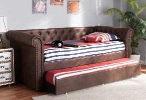 Photo 1 of Baxton Studio Mabelle Brown Faux Leather Upholstered Daybed with Trundle Twin