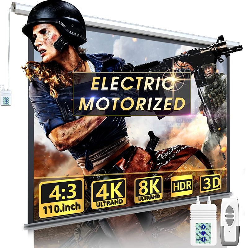 Photo 1 of  110" Motorized Projector Screen - Indoor and Outdoor Movies Screen 110 inch Electric 4:3 Projector Screen W/Remote Control
