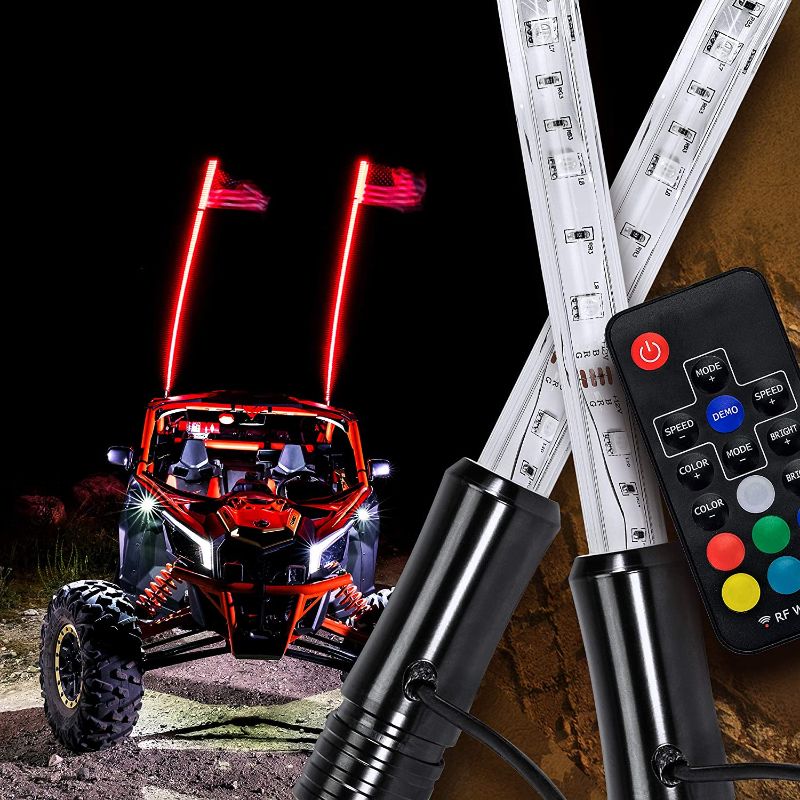Photo 1 of 2pc 4ft LED Whip Lights for UTV ATV [21 Modes] [20 Colors] [RF Wireless Remote] [Weatherproof] [USA Flag] LED Lighted Whips Antenna for RZR Can-Am Polaris UTV ATV Accessories
