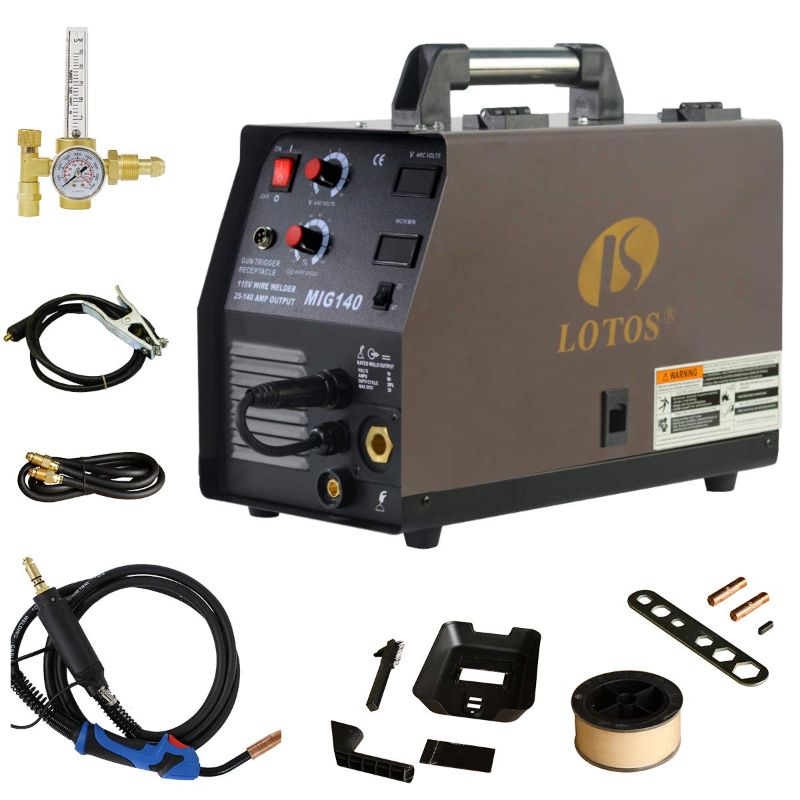 Photo 1 of LOTOS MIG140 140 Amp MIG Wire Welder, Flux Core & Aluminum Gas Shielded Welding with 2T/4T Switch Argon Regulator, Metal Wire Feeder, Brown/Black
