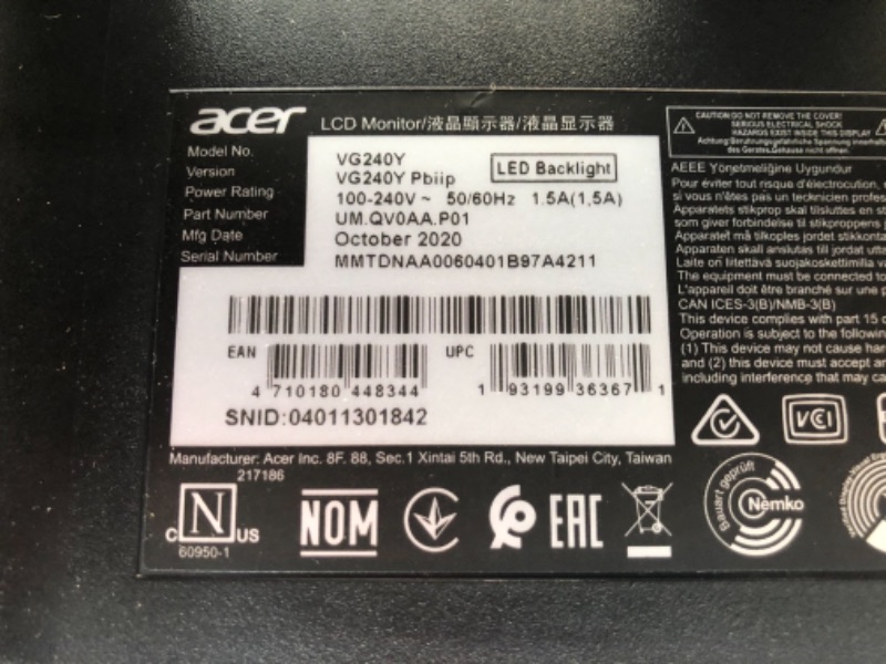 Photo 4 of Acer Nitro VG240Y Pbiip 23.8 Inches Full HD (1920 x 1080) IPS Gaming Monitor with AMD Radeon FreeSync Technology, Zero Frame, 144Hz, 1ms VRB, (2 x HDMI 2.0 Ports & 1 x Display Port), Black
