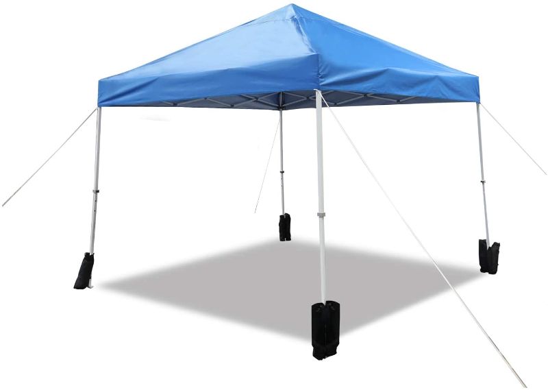 Photo 1 of Amazon Basics Outdoor Pop Up Canopy, 10ft x 10ft with Wheeled Carry, 4-pk weight bag, Blue
