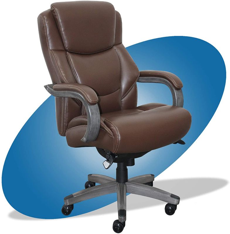 Photo 1 of La-Z-Boy Delano Big & Tall Executive Office Chair | High Back Ergonomic Lumbar Support, Bonded Leather, Brown with Weathered Gray Wood |
