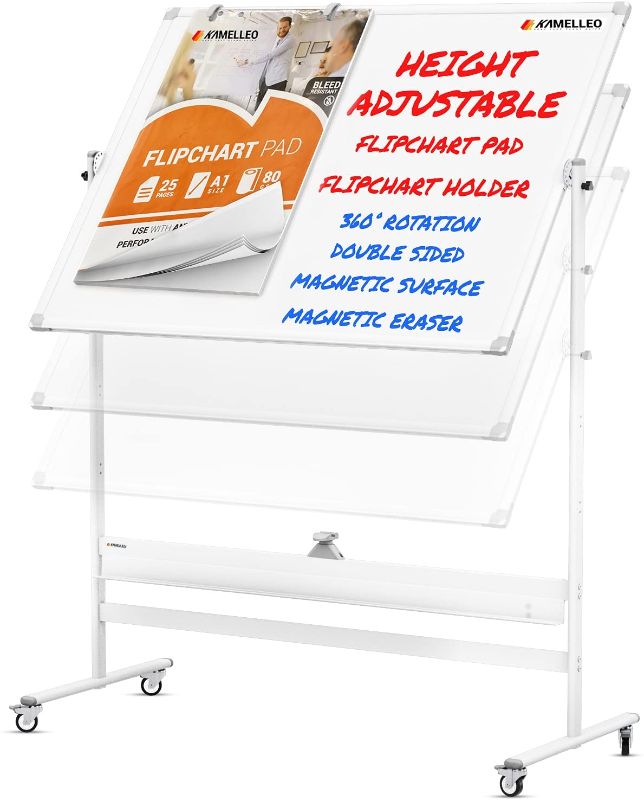 Photo 1 of Mobile Whiteboard - 48x36 Large Height Adjust 360° Rolling Double Sided Dry Erase Board, Magnetic White Board on Wheels, Office Classroom Portable Easel with Stand, Flip Chart Holders and Pad | White
