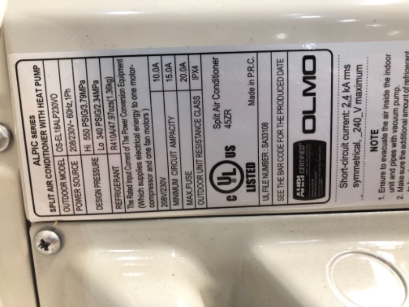 Photo 1 of OLMO Alpic 12,000 BTU, 110/120V Ductless Mini Split Air Conditioner Heat Pump with 16ft Installation Kit
PREVIOUSLY USED