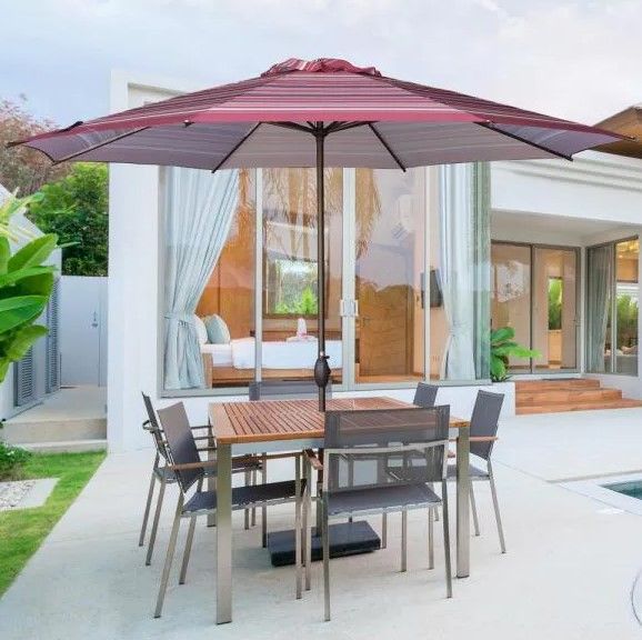 Photo 1 of 11 ft. Aluminum Market Push Tilt and Crank Patio Umbrella in Red Stripe
