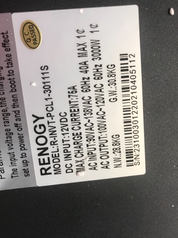 Photo 1 of **UNABLE TO TEST**
Renogy 3000 Watt 12V DC to 120V AC Pure Sine Wave Inverter Charger w/LCD Display, 3000W, Lithium Battery Compatibility 9000W Surge
