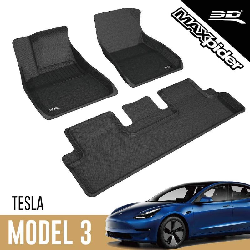 Photo 1 of 3D MAXpider All-Weather Floor Mats for Tesla Model 3 2017 2018 2019 Custom Fit Floor Liners, Kagu Series (1st & 2nd Row Black)
