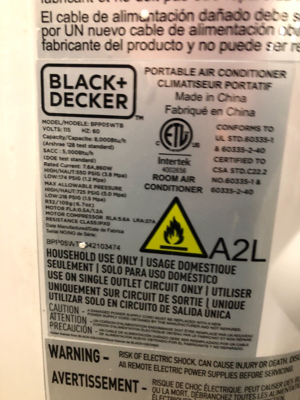 Photo 7 of BLACK+DECKER BPP05WTB Portable Air Conditioner with Remote Control, 5,000 BTU SACC/CEC (8,000 BTU ASHRAE), White
