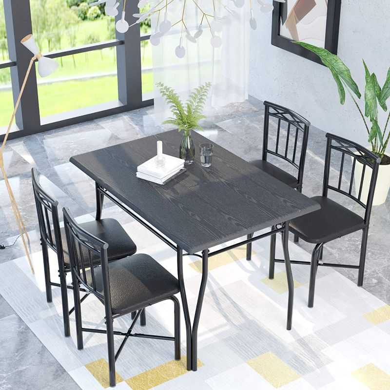 Photo 1 of 5 Piece Dining Table Set for Dining Room, Kitchen Table and Faux Leather Chairs for 4, Metal Legs, Padded Seat, Black Home Furniture
