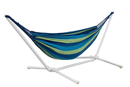 Photo 1 of Amazon Basics Polycotton Double Hammock with White Easy Assembly PowderCoated Steel Stand  Blue and Green Stripe