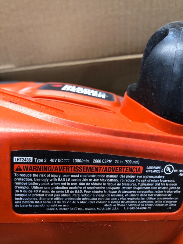 Photo 1 of BLACK+DECKER 40V MAX Cordless Hedge Trimmer, 24-Inch, Tool Only (LHT2436B)

