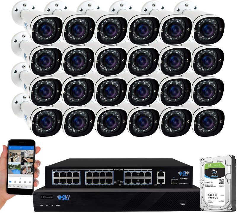 Photo 1 of GW Security 32 Channel 4K NVR 5MP AI Human Detection Security Camera System with 24 Super HD 1920P Microphone PoE Outdoor/Indoor Weatherproof IP Security Bullet Cameras
