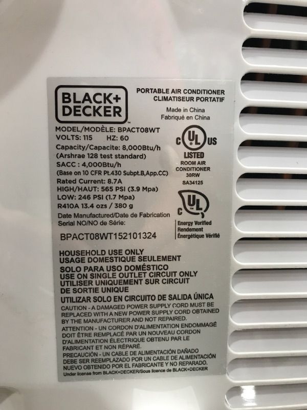 Photo 6 of BLACK+DECKER BPACT08WT Portable Air Conditioner with Remote Control, 4,000 BTU DOE (8,000 BTU ASHRAE), Cools Up to 150 Square Feet, White
