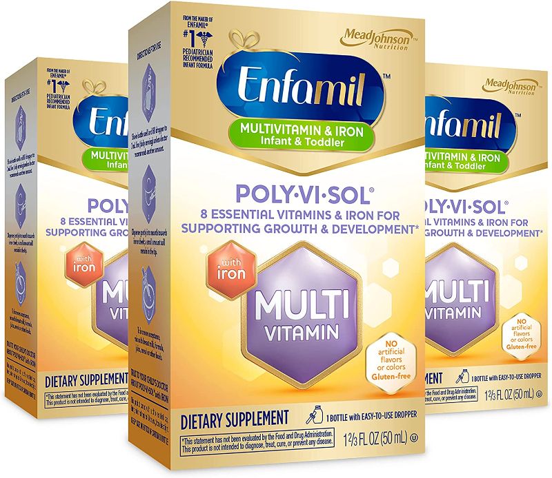 Photo 1 of Enfamil Baby Vitamin Poly-Vi-Sol with Iron Multivitamin Supplement Drops for Infants and Toddlers, 50 mL dropper Bottle, Pack of 3-BEST BY - 05/2022
