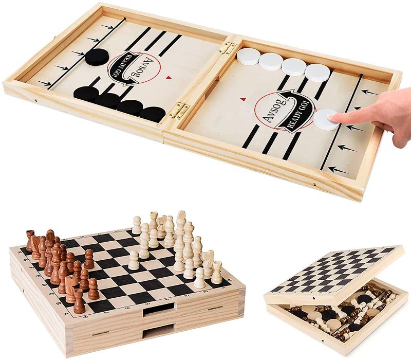 Photo 1 of Avsog Fast Sling Puck Game & International Chess, 2 in 1 Table Desktop Battle, Portable Wooden Game for Kids and Adults, Parent-Child Game (22 x 11 in)
