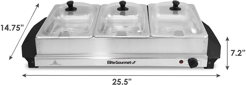 Photo 1 of Elite Gourmet EWM-6171 Triple Buffet Server Food Warmer, Temperature Control, Clear Slotted Lids, Perfect for Parties, Entertaining & Holidays (7.5 Quart, Stainless Steel)
