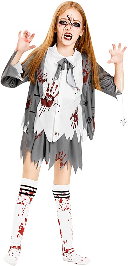 Photo 1 of IKALI Zombie Halloween Costume, Girls Boys Women Cheerleader High School Prisoner Bride Nurse Bloody Kids Fancy Dress Outfit for 4-6 years old 