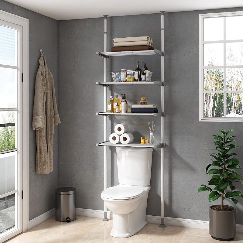 Photo 1 of ALLZONE Bathroom Organizer, Over The Toilet Storage, 4-Tier Adjustable Shelves for Small Room, Saver Space, 92 to 116 Inch Tall, White/Gray
