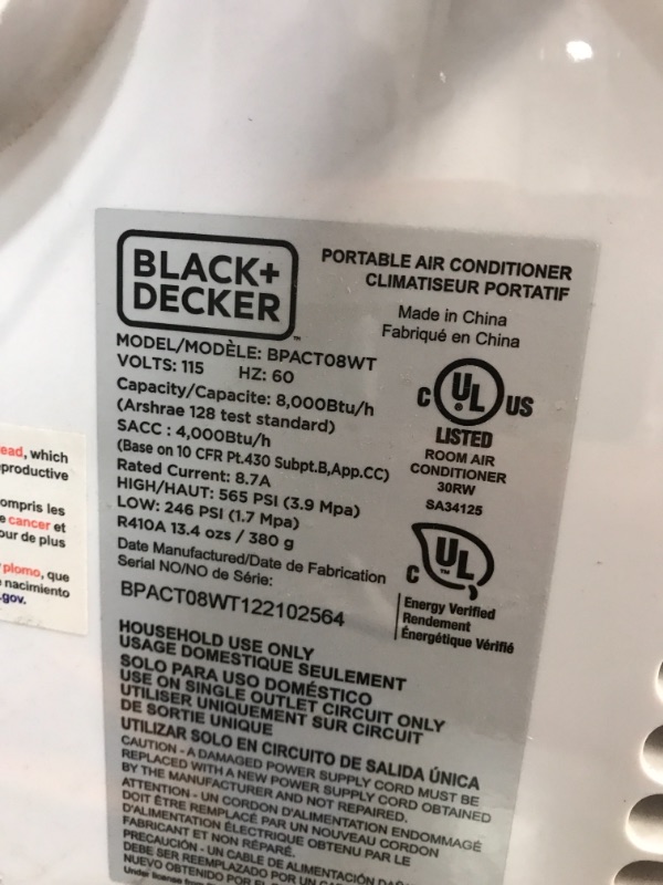 Photo 4 of ***PARTS ONLY*** BLACK+DECKER BPACT08WT Portable Air Conditioner with Remote Control, 4,000 BTU DOE (8,000 BTU ASHRAE), Cools Up to 150 Square Feet, White
