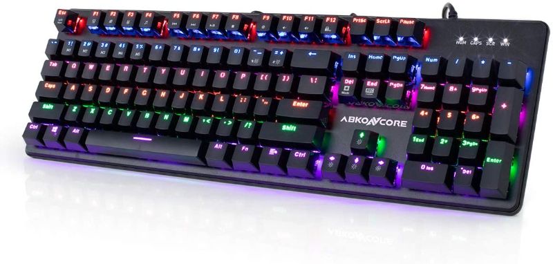 Photo 1 of ABKONCORE 100% Mechanical Hot Swappable Gaming Keyboard K595, Full Key Rollover Wired USB Rainbow LED Backlit, 104 Keys Splash-Proof GTMX Blue Switches for Gaming, Work, Home, Office, PC, Mac, Windows
