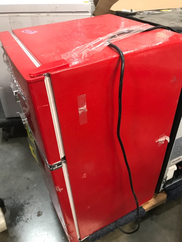 Photo 4 of Non-functional//Parts Only: Frigidaire EFR840RED 32 Cu Ft Red 2 Door Retro Bar Fridge with Side Bottle Opener corners are damaged due to shipping 