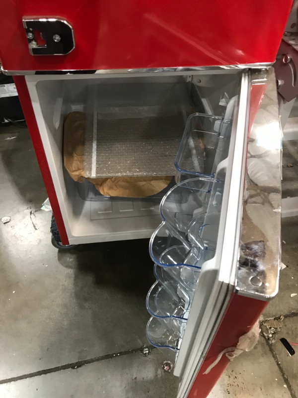 Photo 7 of Non-functional//Parts Only: Frigidaire EFR840RED 32 Cu Ft Red 2 Door Retro Bar Fridge with Side Bottle Opener corners are damaged due to shipping 