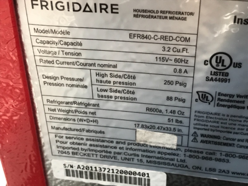 Photo 8 of Non-functional//Parts Only: Frigidaire EFR840RED 32 Cu Ft Red 2 Door Retro Bar Fridge with Side Bottle Opener corners are damaged due to shipping 