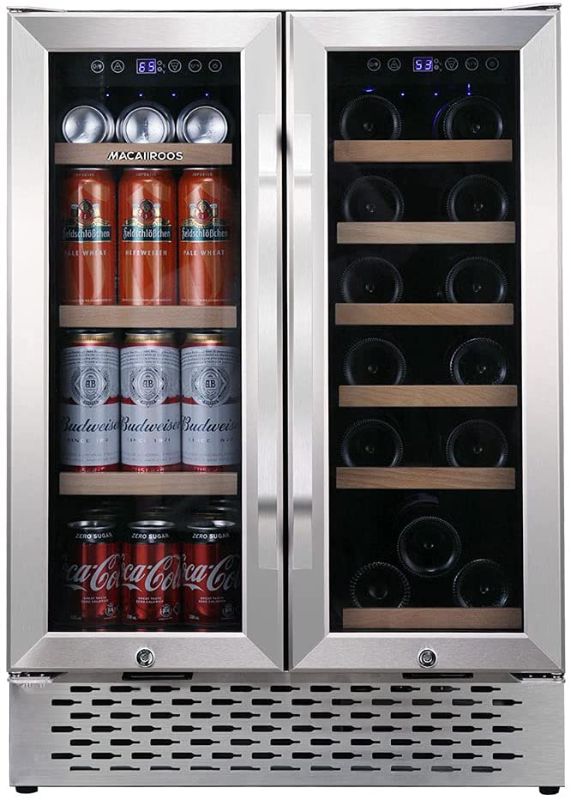 Photo 1 of Macaiiroos Wine and Beverage Refrigerator, 24 inch Under Counter Dual Zone Wine Cooler for Home - Built in Wine Fridge w/ 20 Bottles and 78 Cans Capacity
