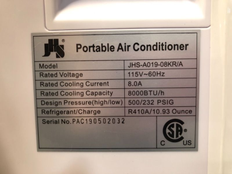 Photo 1 of JHS 8,000 BTU Small Portable Air Conditioner 3-in-1 Floor AC Unit with 2 Fan Speeds, Remote Control and Digital LED Display, Cover up to 200 Sq. Ft, White
