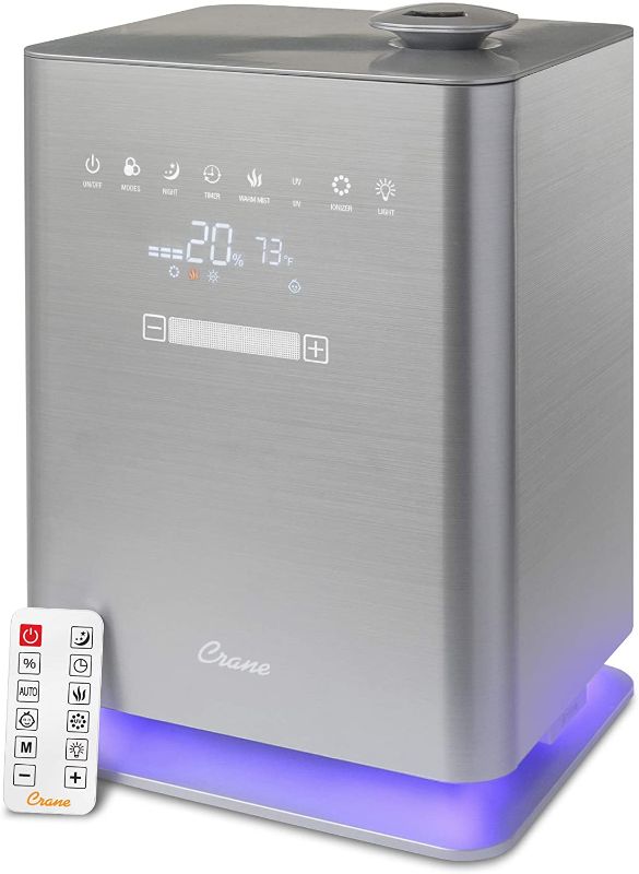 Photo 1 of Crane Warm & Cool Mist Top Fill Humidifier with Remote, 1.2 Gallon, 500 Sq. Ft Coverage, UV Ionizing Light, Metallic
