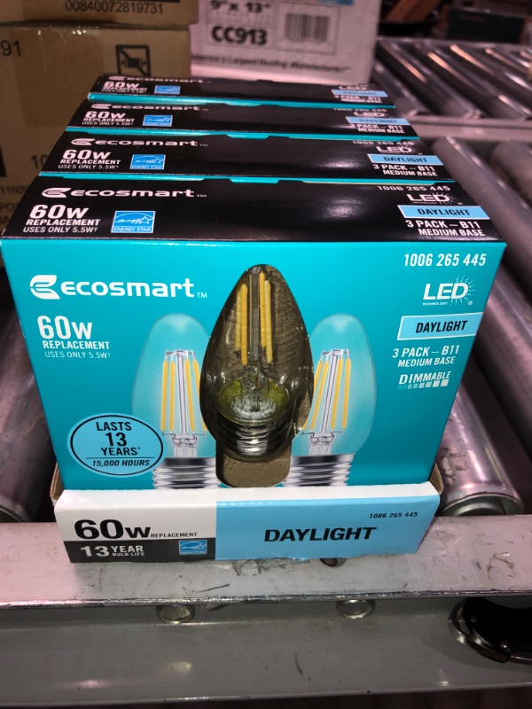 Photo 2 of 60-Watt Equivalent B11 Dimmable Blunt Tip Candle Clear Glass Filament LED Vintage Edison Light Bulb Daylight (3-Pack)
