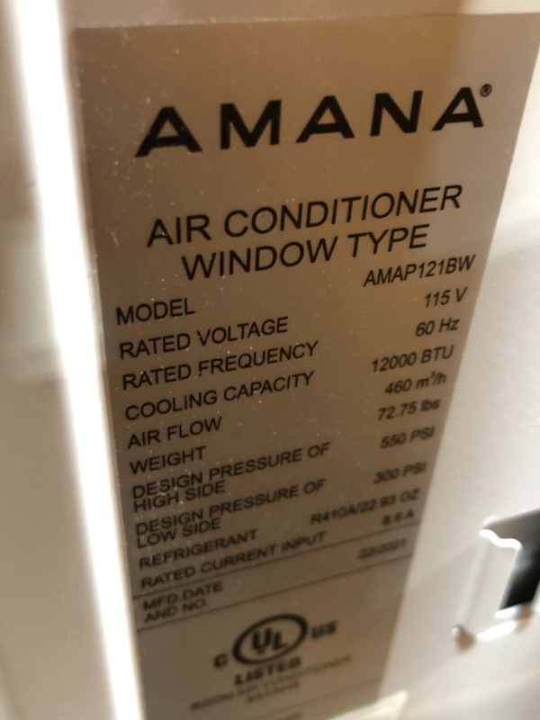 Photo 6 of Amana AMAP121BW 12,000 BTU 115V Window-Mounted Air Conditioner with Remote Control, 12000, White

/missing hardware and parts to the mounting kit //TESTED, POWERS ON
