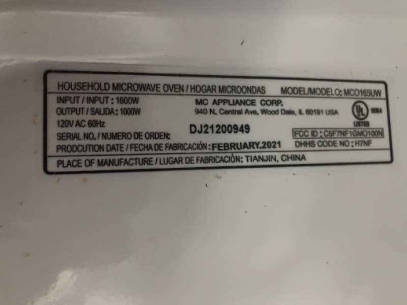 Photo 5 of ***PARTS ONLY*** 1.6 cu. ft. Over the Range Microwave in White
