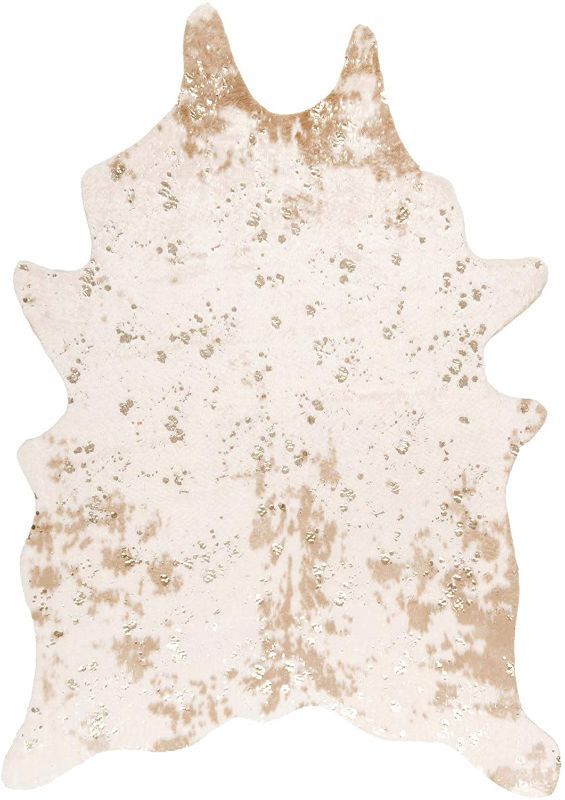 Photo 1 of Alferce Faux Cowhide Off-White 5 ft. x 7 ft. Shaped Accent Rug
