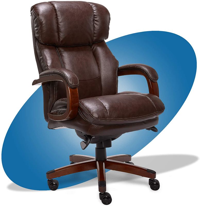 Photo 1 of La-Z-Boy Fairmont Big and Tall Executive Office Chair with Memory Foam Cushions, High-Back with Solid Wood Arms and Base, Bonded Leather, Big & Tall, Biscuit Brown
