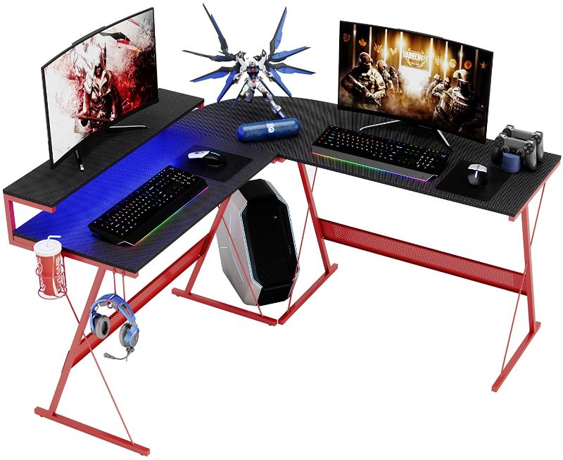 Photo 1 of Bestier L-Shaped Led Gaming Computer Desk, RGB Strip Light Modern Corner PC Laptop Desk Study Table Workstation Home Office Desk (51.5”(L) x 51.5”(W) x 36”(H), Red)
