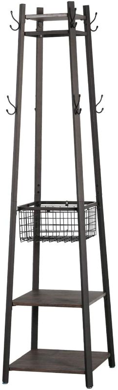 Photo 1 of VECELO Coat Rack Freestanding, Entryway Clothes Stand with Metal Basket and 2 Shelves, Upgrade Hall Trees with 8 Dual Hooks for Bags, Hats, and Umbrellas, Industrial Styles, Vintage Brown+ Black