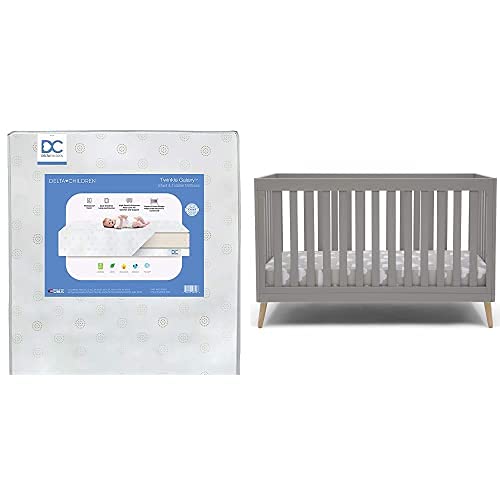 Photo 1 of Delta Children Essex 4-in-1 Convertible Baby Crib, Grey with Natural Legs + Delta Children Twinkle Galaxy Dual Sided Recycled Fiber Core Crib and Toddler...
