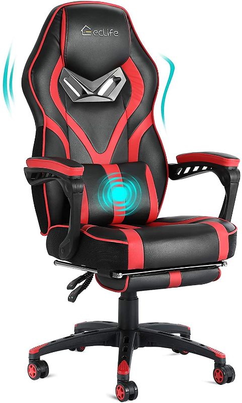 Photo 1 of eclife Gaming Ergonomic Massage Chair Office Computer Chair Game Video Chair High Backrest Seat Adjustable Swivel Task Chair E-Sports Chair with Lumbar Support and Footrest (OF-D02, RED)
