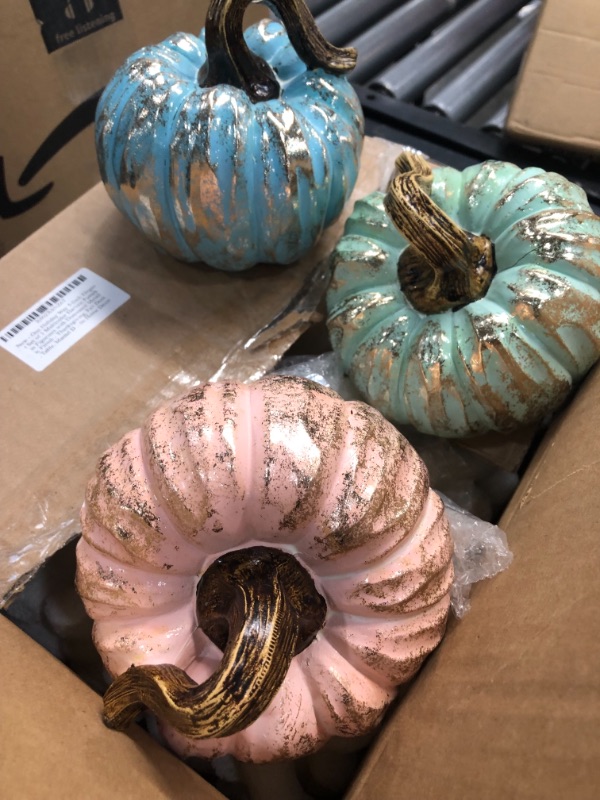 Photo 2 of 5-Inch Elegant Set of 3 Multicolor Fall Harvest Pumpkin Figurines with Distressed Metallic Finish
