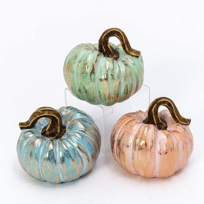 Photo 1 of 5-Inch Elegant Set of 3 Multicolor Fall Harvest Pumpkin Figurines with Distressed Metallic Finish
